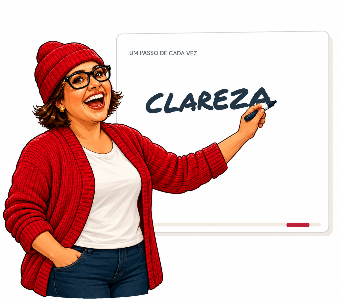 Bonequinha oficial da Diana, de cabelo curto, gorro vermelho e óculos, sorrindo ao explicar clareza no quadro branco.