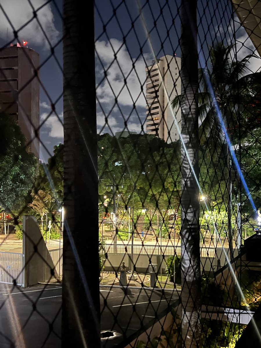 Vista noturna da janela através da tela de proteção, fotografada com o iPhone: imagem escura, com riscos de luz atravessando a foto na diagonal.
